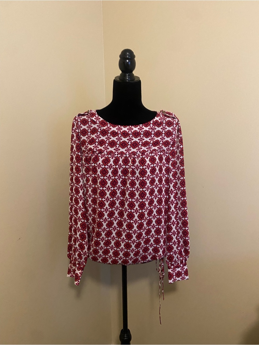 LOFT Burgundy and White Floral Long-Sleeve Blouse